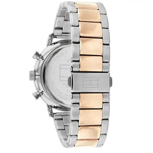Left side perspective of the Tommy Hilfiger 1710570 skeleton dial and two-tone bracelet