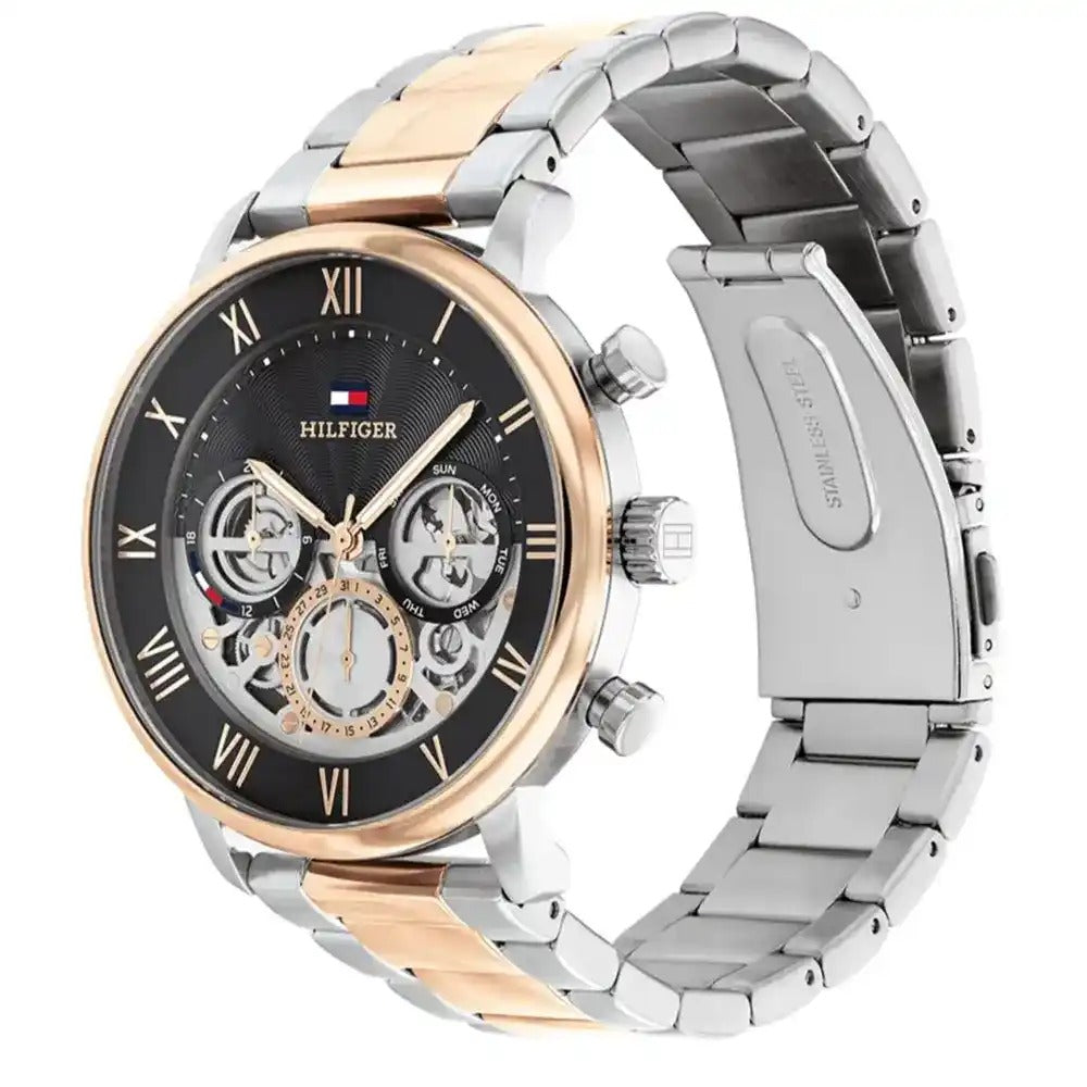 Angled view of the Tommy Hilfiger 1710570 highlighting the polished silver and rose gold stainless steel case