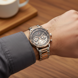Close up shot of Tommy Hilfiger 1710570 watch on wrist showing the exposed gears and rose gold bezel
