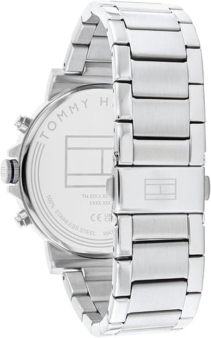 Left side perspective of the Tommy Hilfiger 1710588 blue dial and silver bracelet