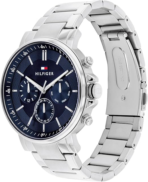 Angled view of the Tommy Hilfiger 1710588 highlighting the polished silver stainless steel case