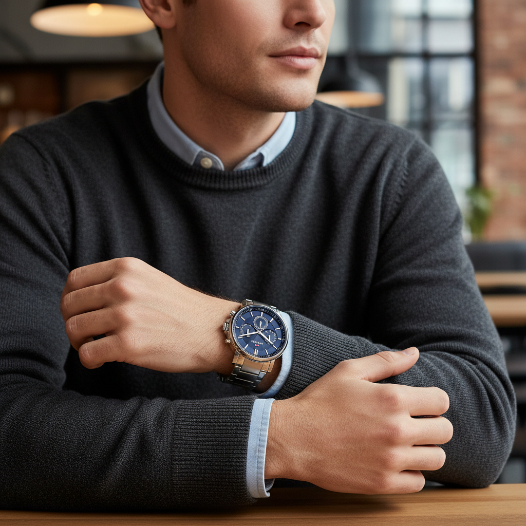 Male model wearing Tommy Hilfiger 1710588 silver watch with a smart casual outfit