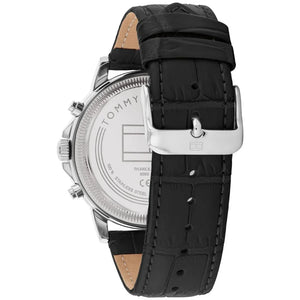Left side perspective of the Tommy Hilfiger 1710605 black dial and crocodile leather strap