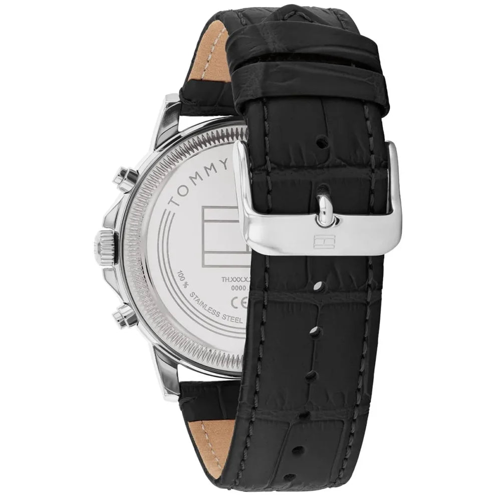 Left side perspective of the Tommy Hilfiger 1710605 black dial and crocodile leather strap