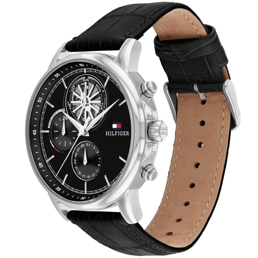 Angled view of the Tommy Hilfiger 1710605 highlighting the polished silver-tone case and crown