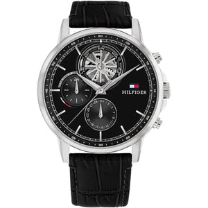 Tommy Hilfiger Stewart 1710605 men's watch with black leather strap and semi-skeleton dial