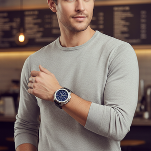 Man wearing Tommy Hilfiger Larsen silver and black leather watch for a sophisticated and elegant professional look