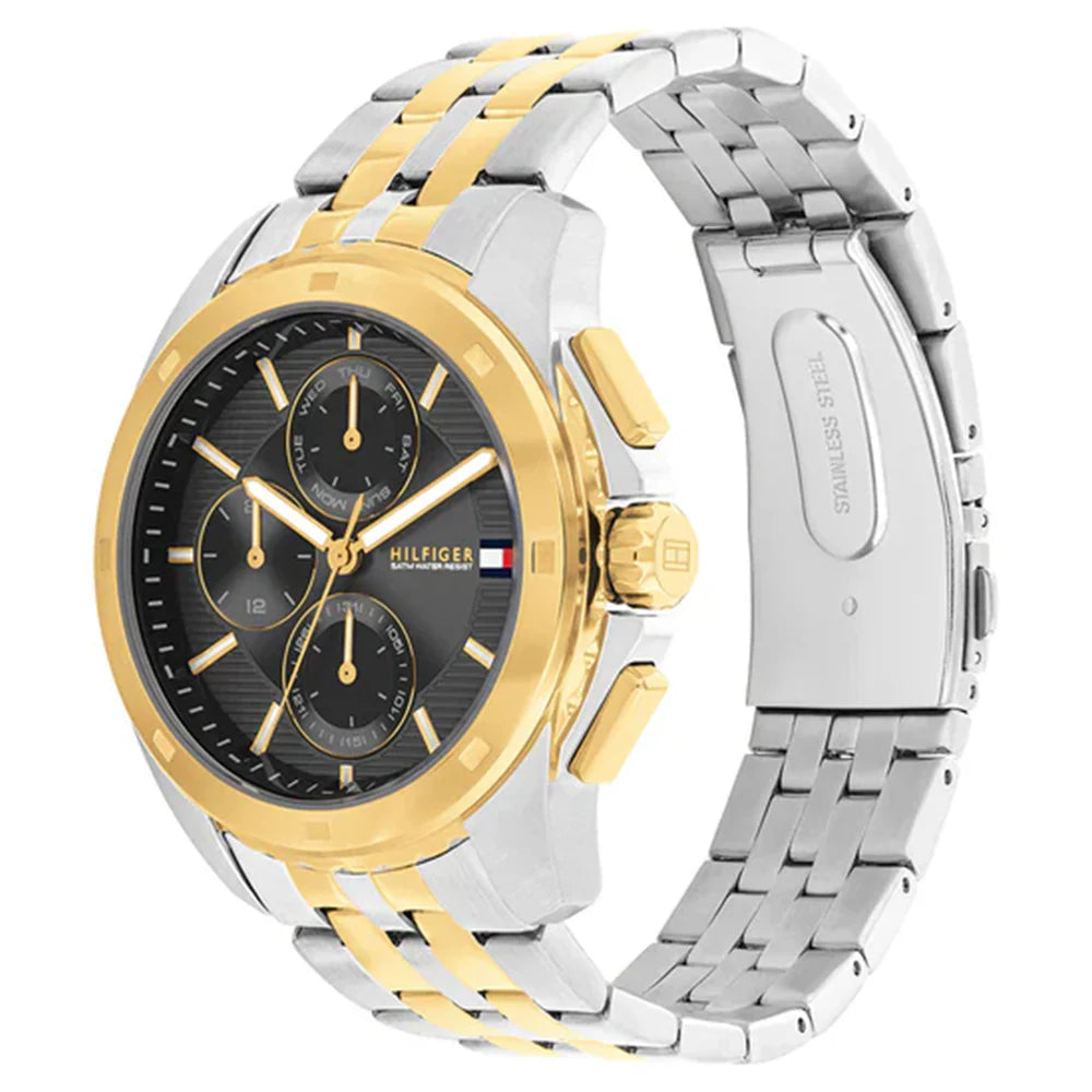 Left side perspective of the two-tone case and stainless steel link bracelet of the Tommy Hilfiger watch