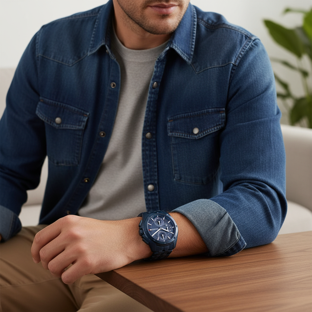 Male model wearing Tommy Hilfiger Walker 1710622 all-blue watch with casual attire