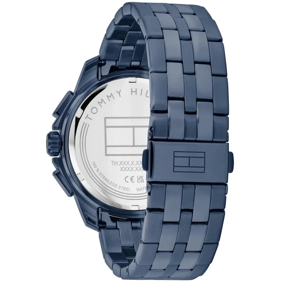 Side profile highlighting the blue ion-plated stainless steel links of Tommy Hilfiger 1710622
