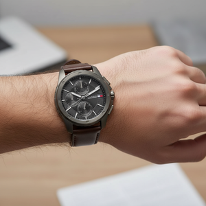 Close up shot of Tommy Hilfiger 1710623 on wrist showing the dark grey dial with multi-function sub-dials and silver-tone hands