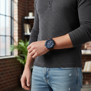 Man wearing Tommy Hilfiger Larsen blue and brown leather watch for a sophisticated and elegant professional look