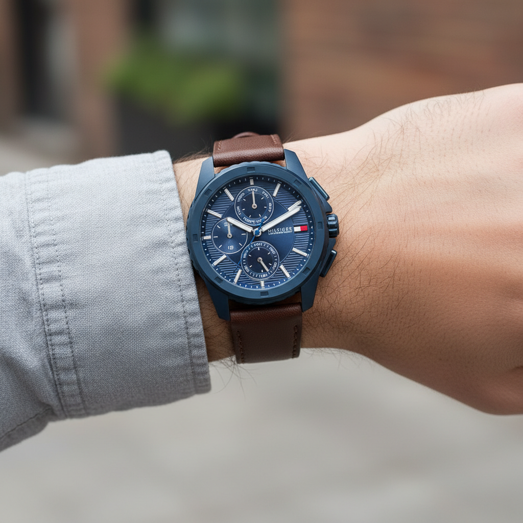Close up shot of Tommy Hilfiger 171063 on wrist showing the blue dial with multi-function sub-dials and silver hands