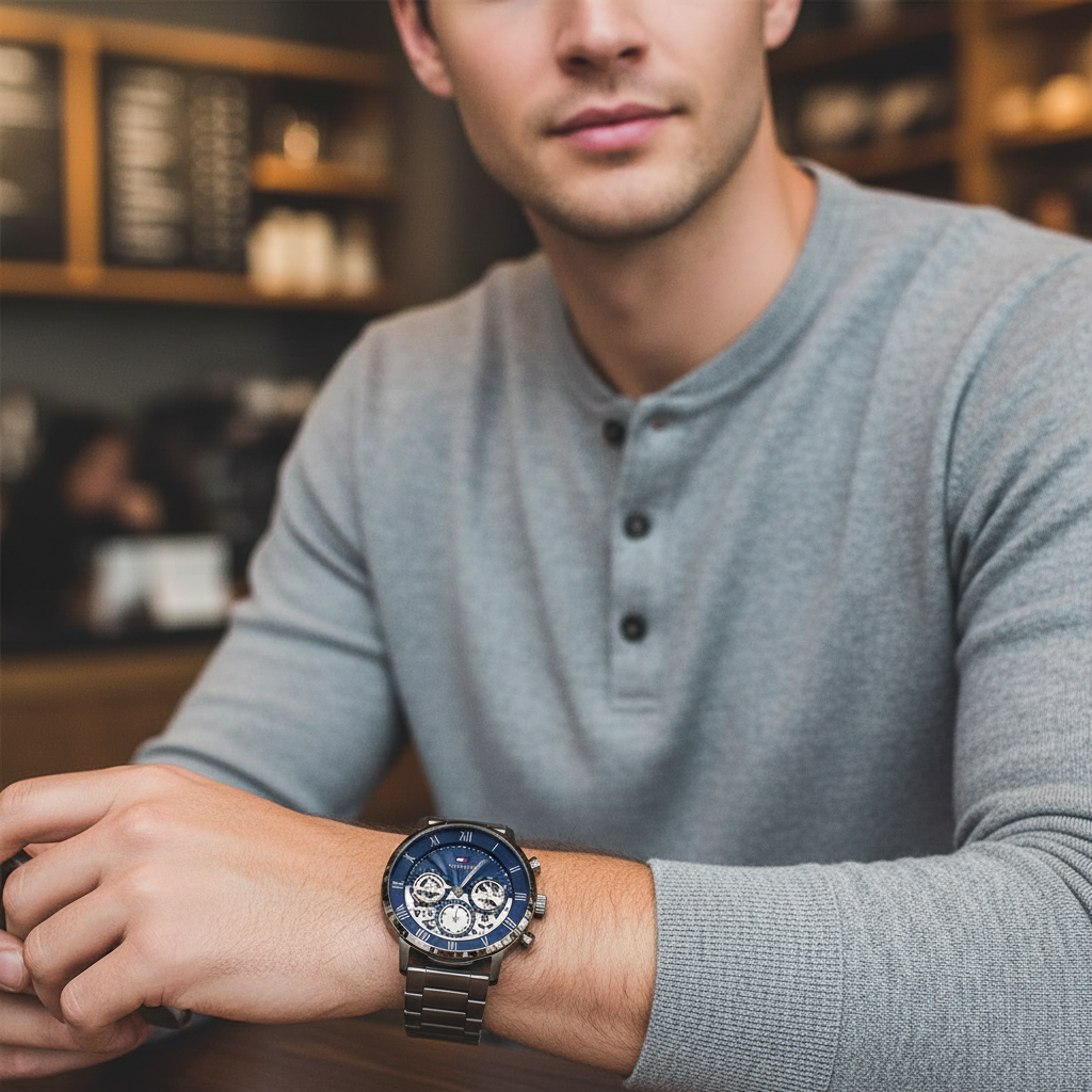 Male model wearing Tommy Hilfiger 1710707 gunmetal navy skeleton watch with a dark premium suit