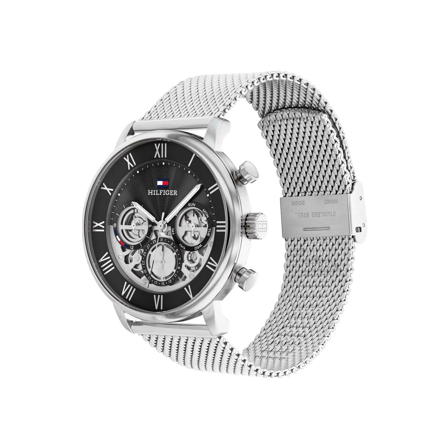 Left side perspective of the Tommy Hilfiger 1710708 skeleton dial and mesh strap links
