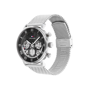 Left side perspective of the Tommy Hilfiger 1710708 skeleton dial and mesh strap links