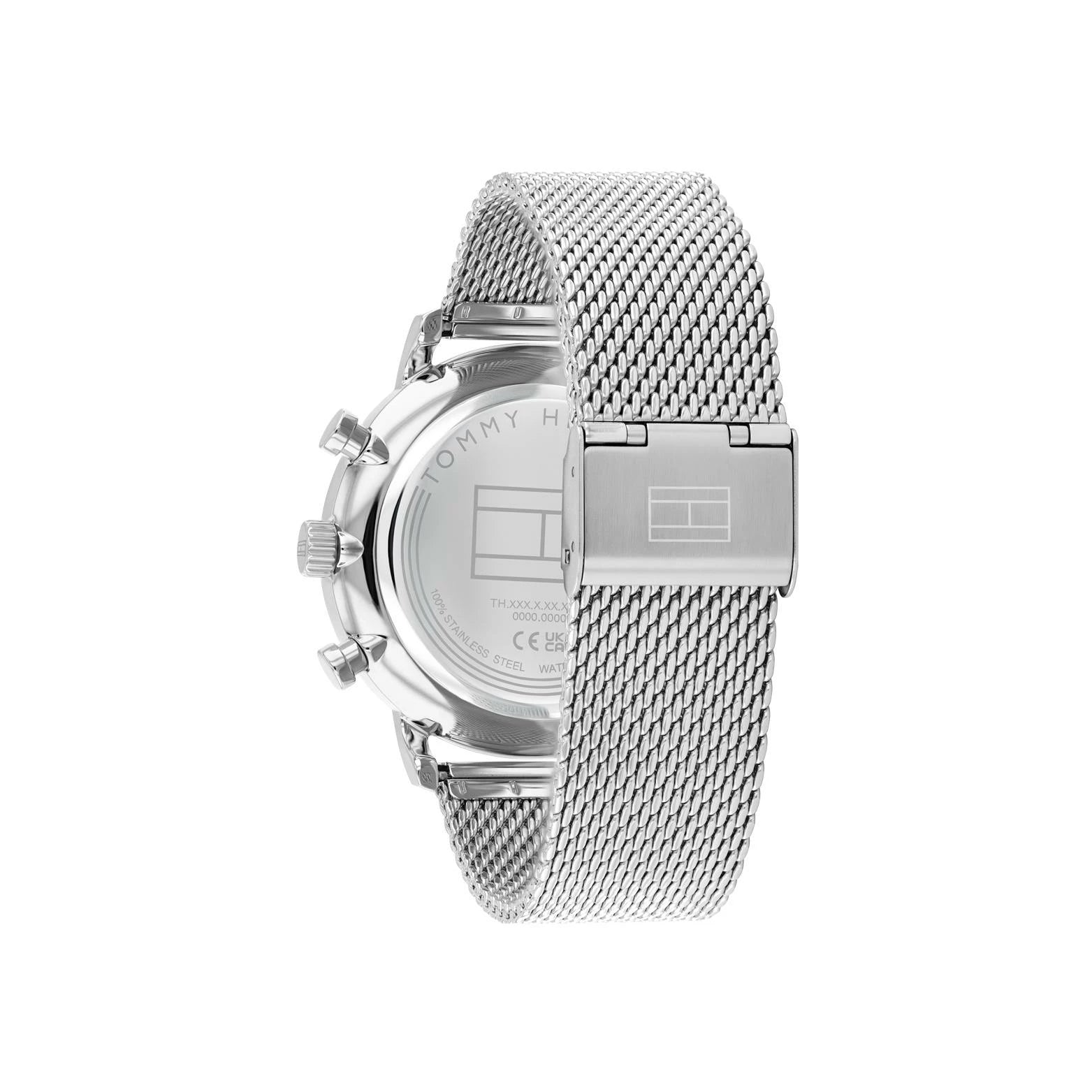 Angled view of the Tommy Hilfiger 1710708 highlighting the polished silver-tone case and crown