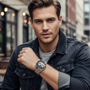 Male model wearing Tommy Hilfiger 1710708 silver mesh skeleton watch with a premium suit