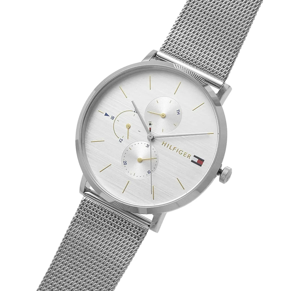 Angled view of Tommy Hilfiger 1781942 highlighting the ultra-slim silver-tone case and mesh links
