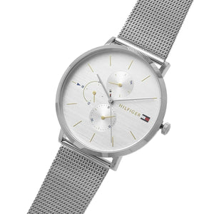 Angled view of Tommy Hilfiger 1781942 highlighting the ultra-slim silver-tone case and mesh links