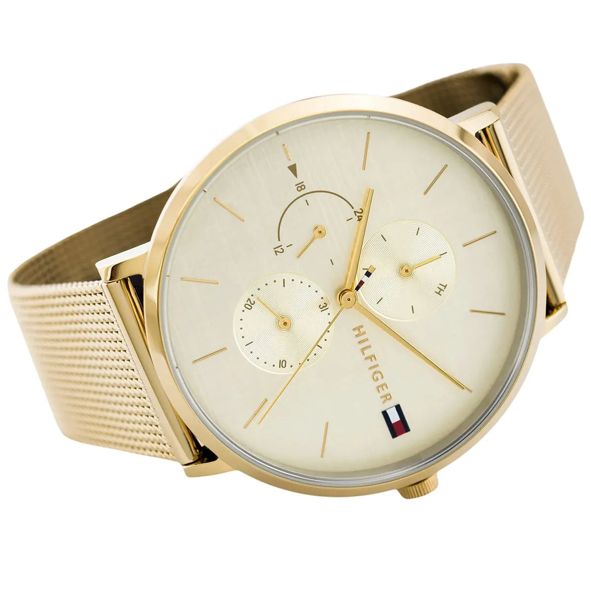 Left side perspective of the gold stainless steel milanese mesh strap on the Tommy Hilfiger Jenna watch