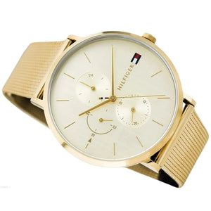 Angled view of Tommy Hilfiger 1781943 highlighting the ultra-slim gold-tone case and mesh links