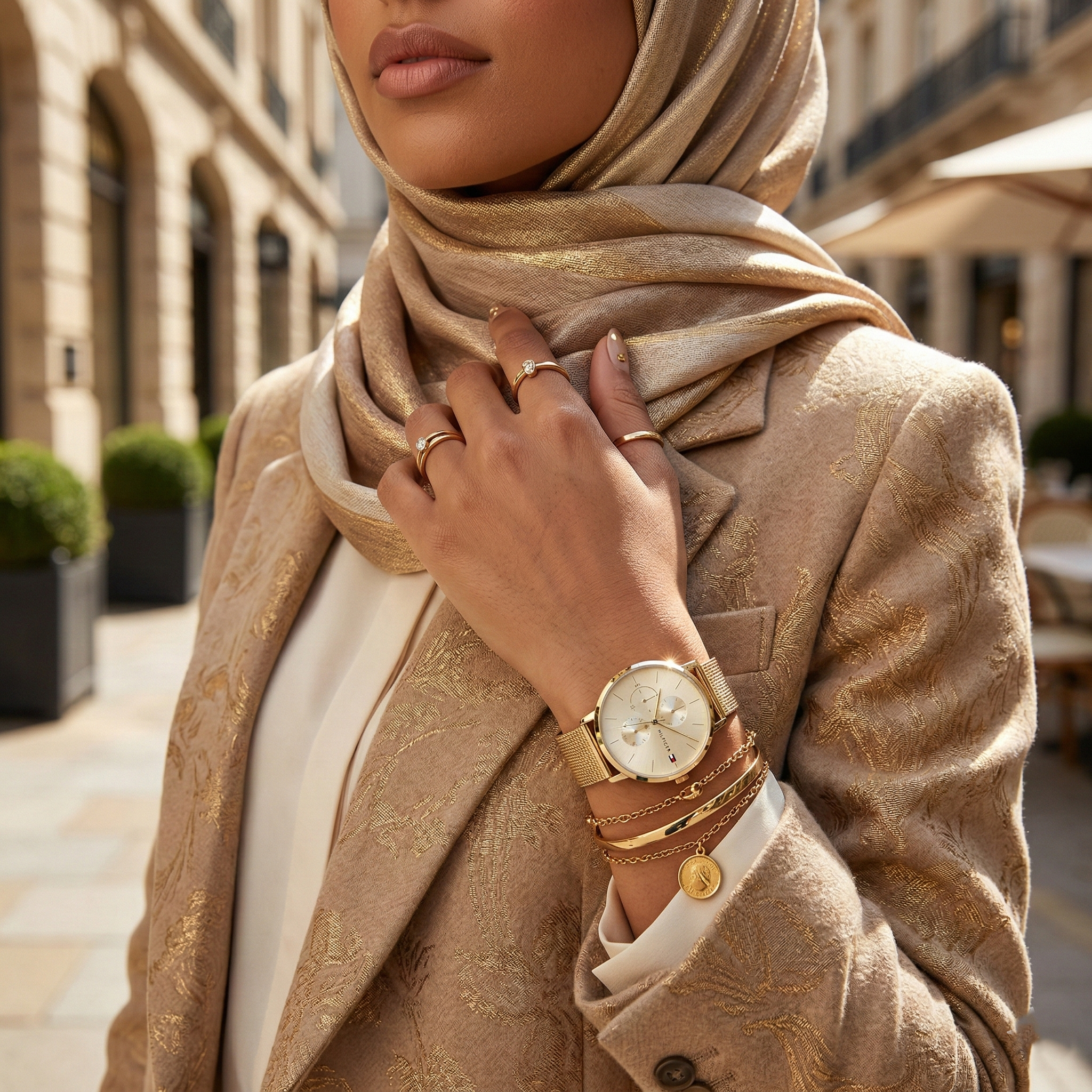 Woman wearing Tommy Hilfiger Jenna gold mesh watch for an elegant and chic modern luxury look
