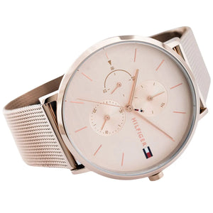 Angled view of Tommy Hilfiger 1781944 highlighting the ultra-slim rose gold-tone case and mesh links