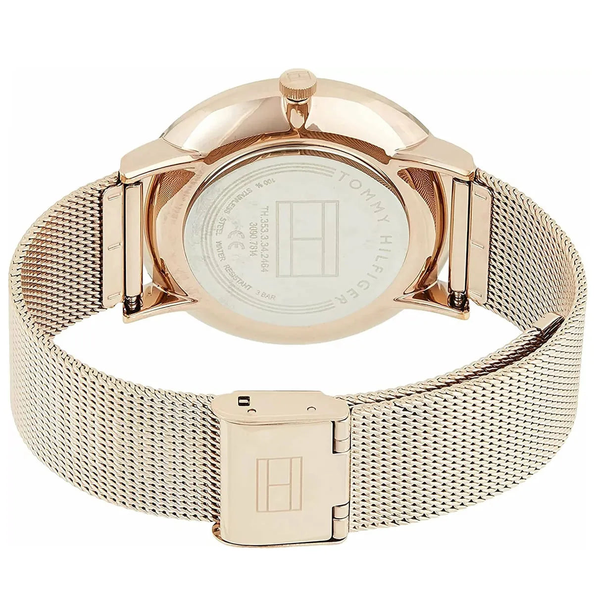Adjustable rose gold mesh sliding clasp with Tommy Hilfiger logo on the 1781944