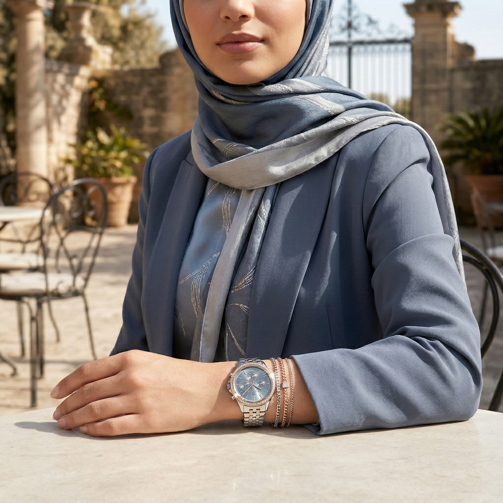 Woman wearing Tommy Hilfiger Ari silver stainless steel watch for a glamorous and professional daily look
