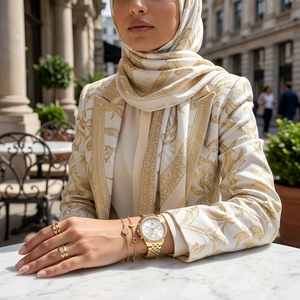 Woman wearing Tommy Hilfiger Ari gold-tone watch for a glamorous evening and high-end professional look