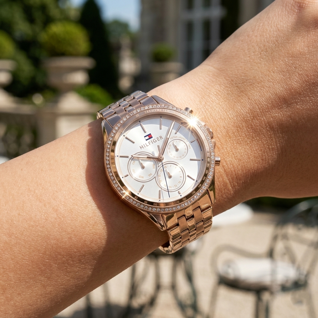 Close up shot of Tommy Hilfiger 1781978 on wrist showing the off-white dial and sparkling crystal bezel details in rose gold