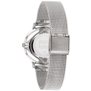 Left side perspective of the Tommy Hilfiger 1782149 navy blue dial and mesh strap