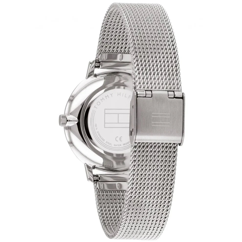 Left side perspective of the Tommy Hilfiger 1782149 navy blue dial and mesh strap