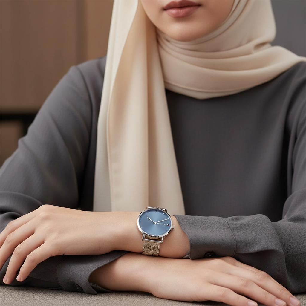 Female model wearing Tommy Hilfiger 1782149 silver navy watch with a minimalist modern outfit