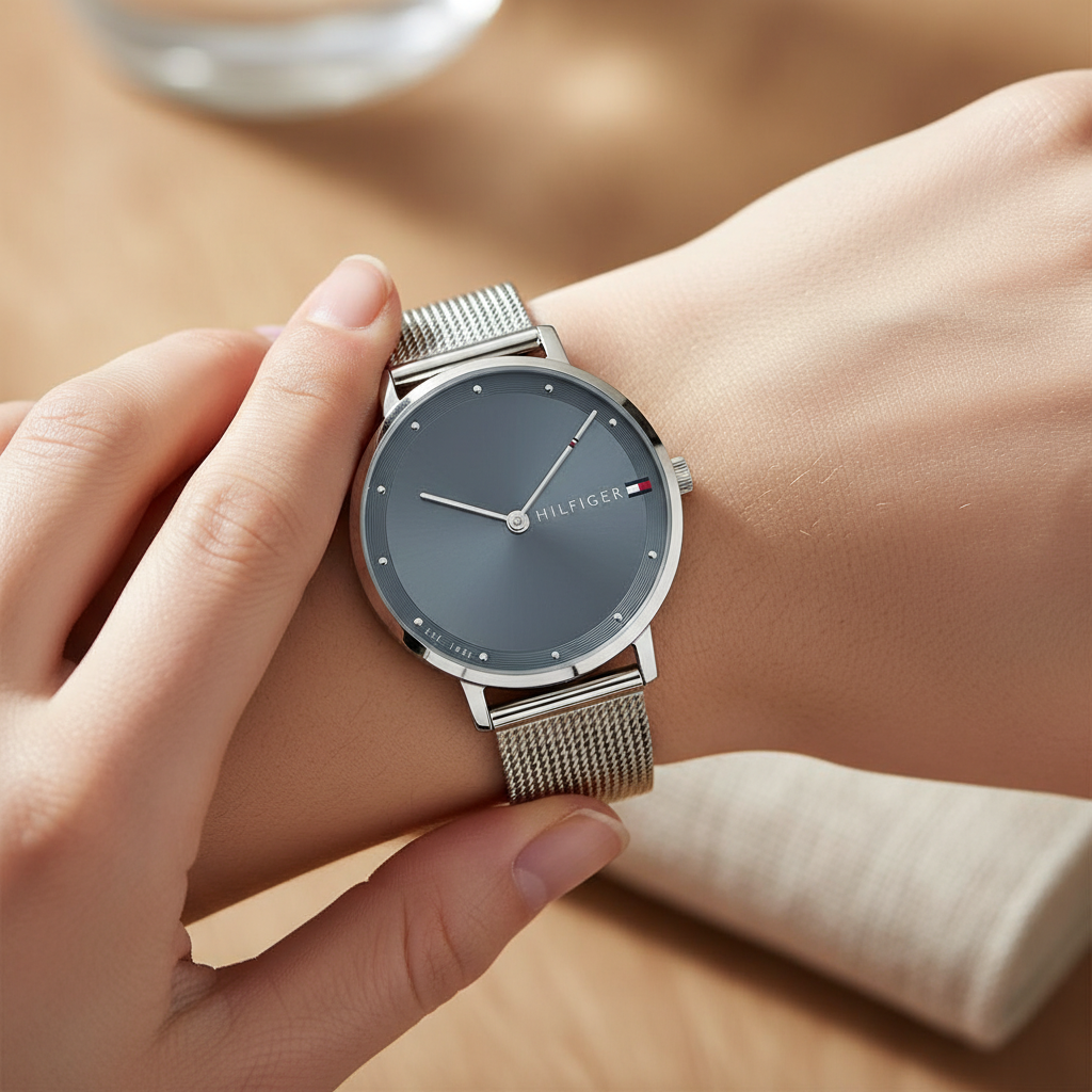 Close up shot of Tommy Hilfiger 1782149 watch on wrist showing the slim silver case and navy dial