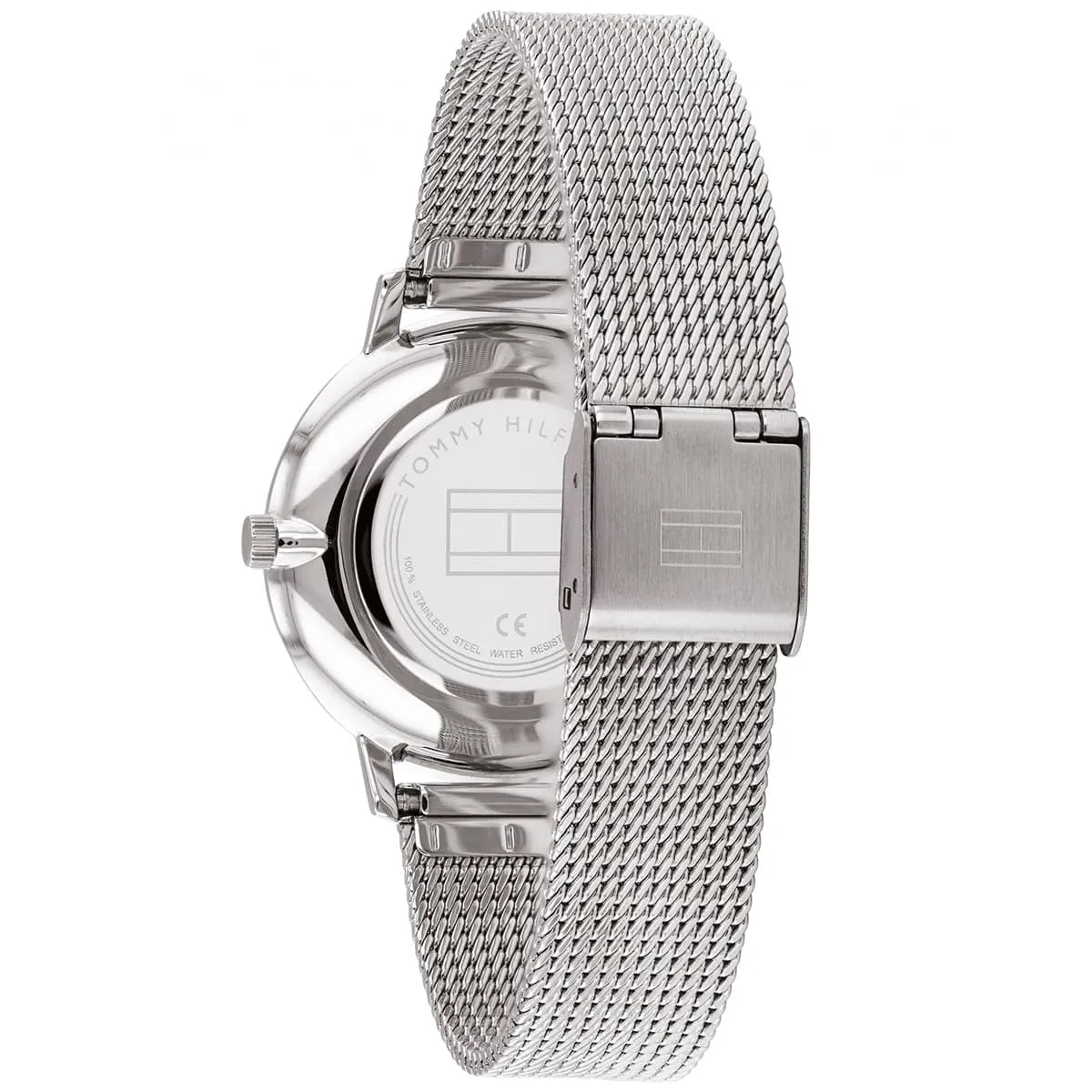 Left side perspective of the Tommy Hilfiger 1782151 rose gold dial and mesh strap
