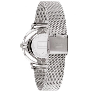 Left side perspective of the Tommy Hilfiger 1782151 rose gold dial and mesh strap