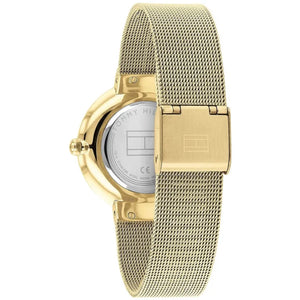 Left side perspective of the Tommy Hilfiger 1782217 gold dial and mesh strap