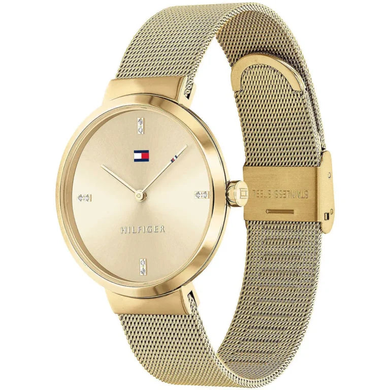 Angled view of the Tommy Hilfiger 1782217 highlighting the polished gold stainless steel case