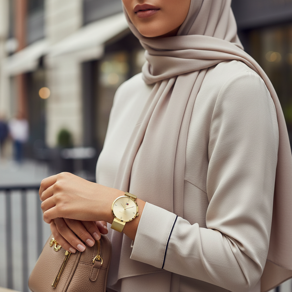 Female model wearing Tommy Hilfiger 1782217 gold watch with a chic casual outfit
