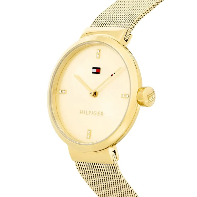 Side profile view of the slim 7mm gold case of the Tommy Hilfiger 1782217
