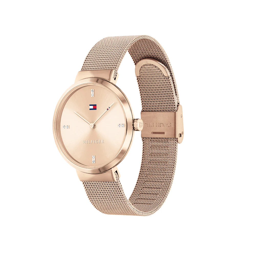 Left side perspective of the Tommy Hilfiger 1782218 rose gold dial and mesh strap