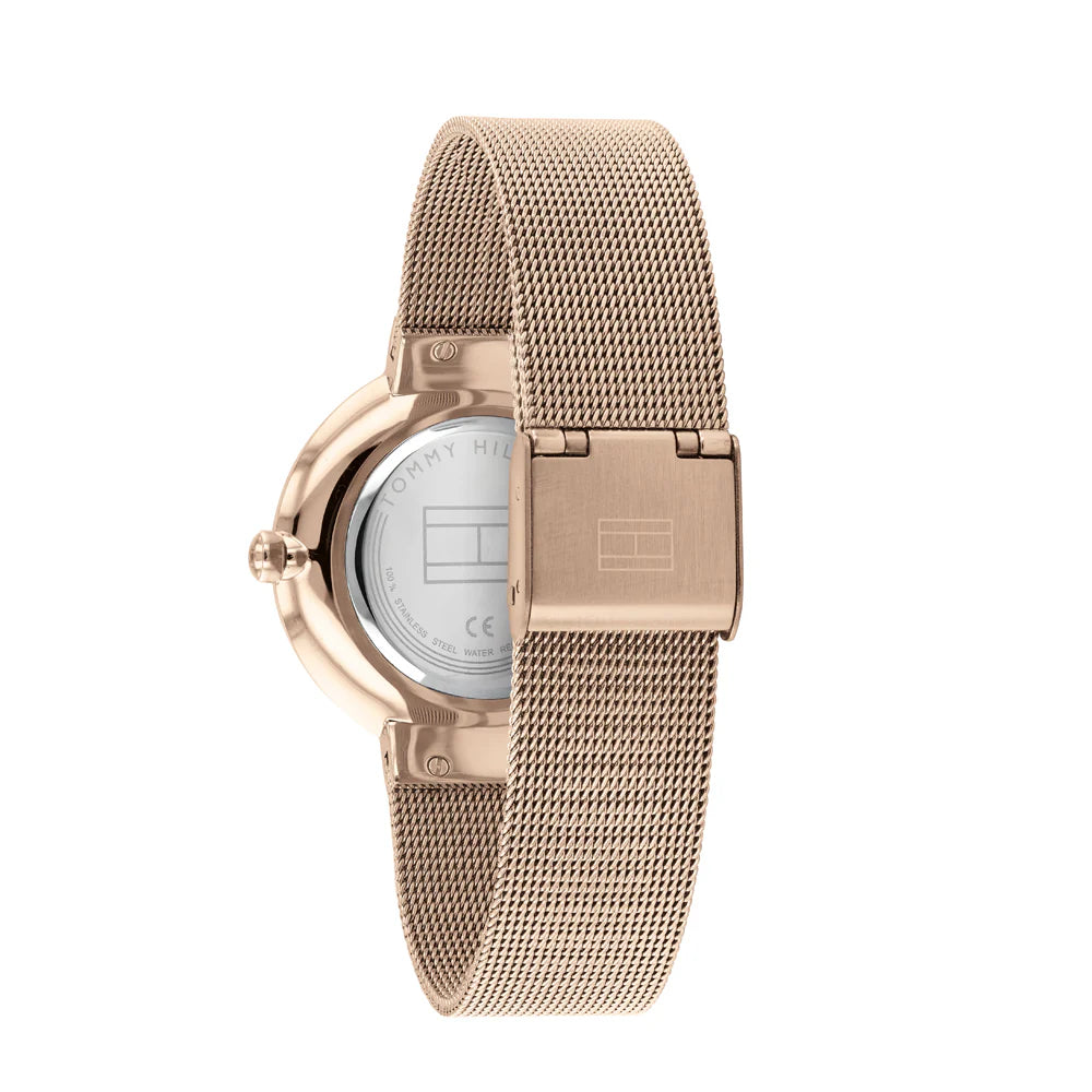 Angled view of the Tommy Hilfiger 1782218 highlighting the polished rose gold stainless steel case