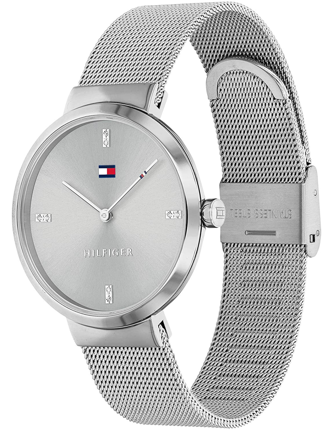 Left side perspective of the Tommy Hilfiger 1782220 silver dial and mesh strap