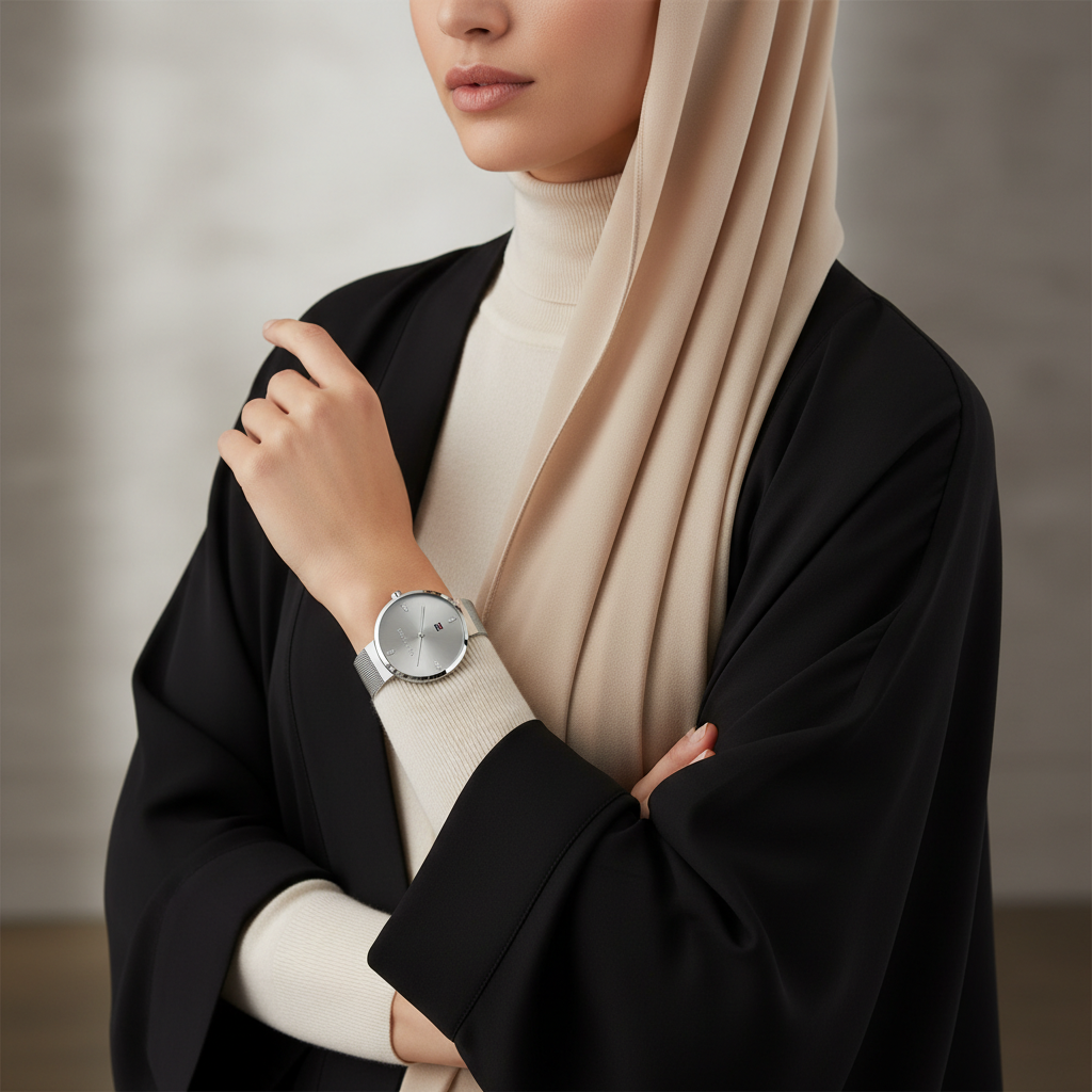 Female model wearing Tommy Hilfiger 1782220 silver watch with a sophisticated daily outfit