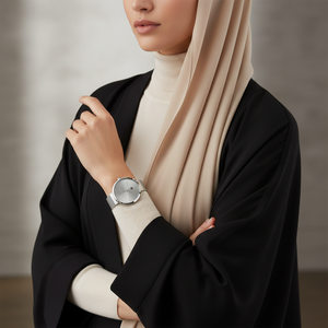 Female model wearing Tommy Hilfiger 1782220 silver watch with a sophisticated daily outfit