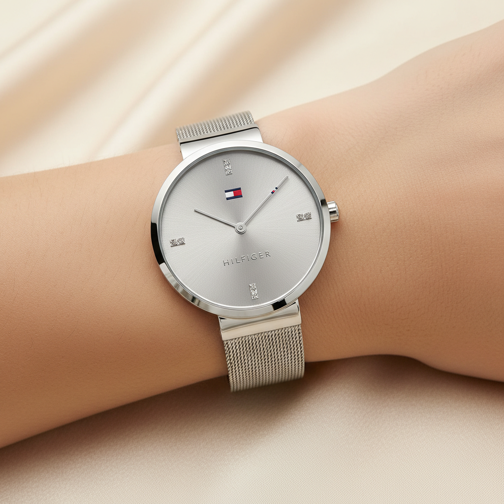 Close up shot of Tommy Hilfiger 1782220 watch on wrist showing the minimalist silver dial