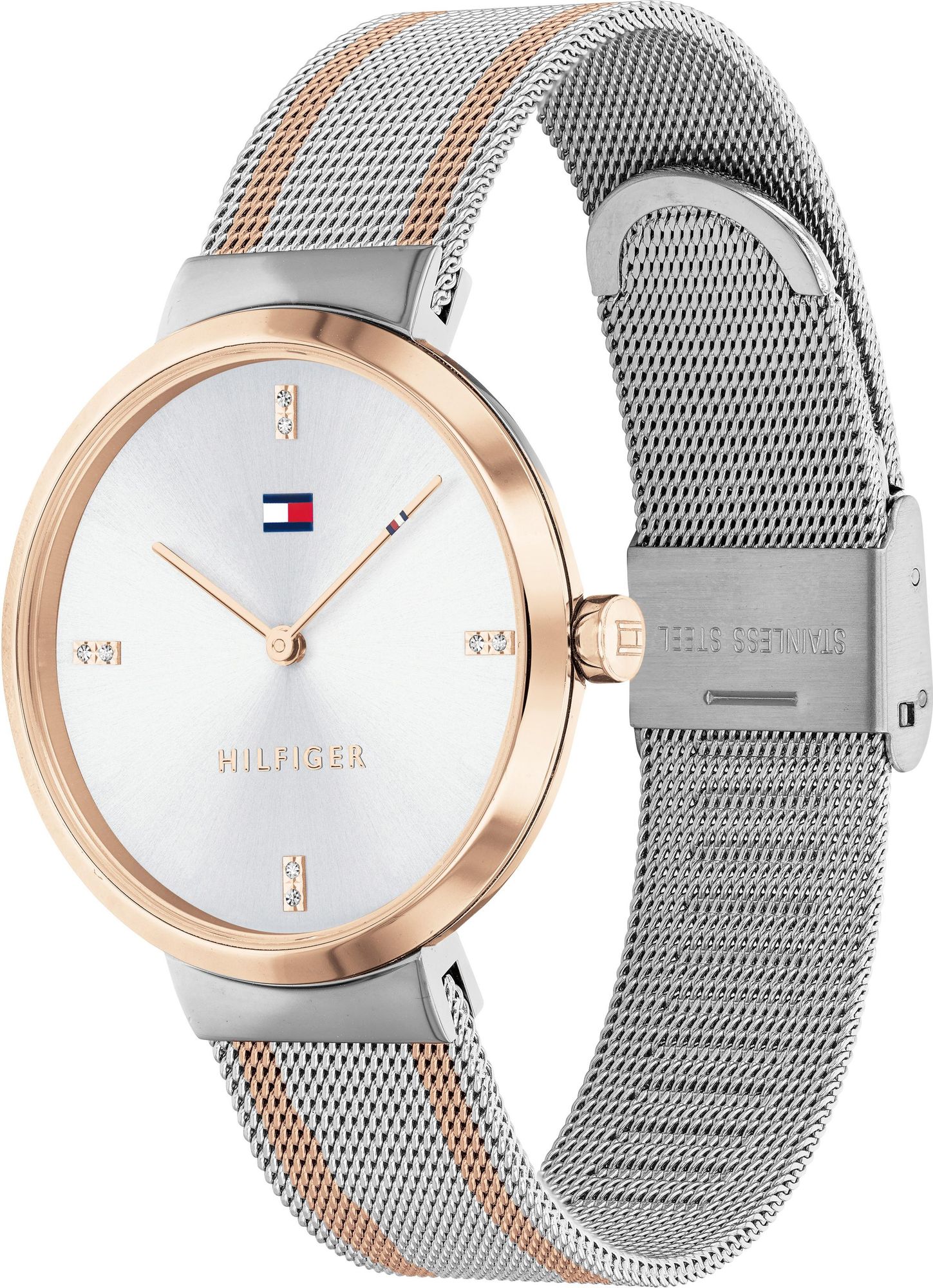 Left side perspective of the Tommy Hilfiger 1782221 silver dial and two-tone mesh strap