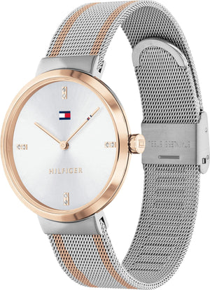 Left side perspective of the Tommy Hilfiger 1782221 silver dial and two-tone mesh strap